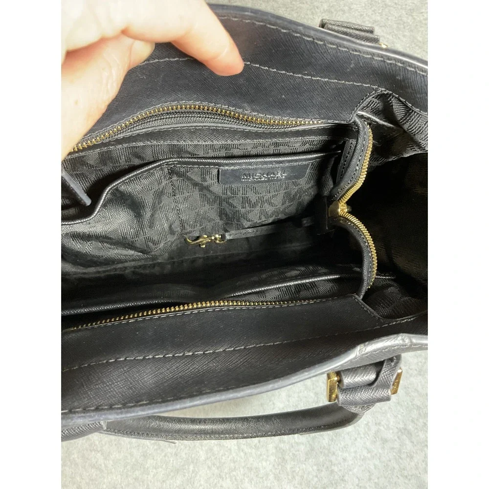 Michael Kors Black Saffiano Leather Satchel Handbag Gold Hardware Push Lock